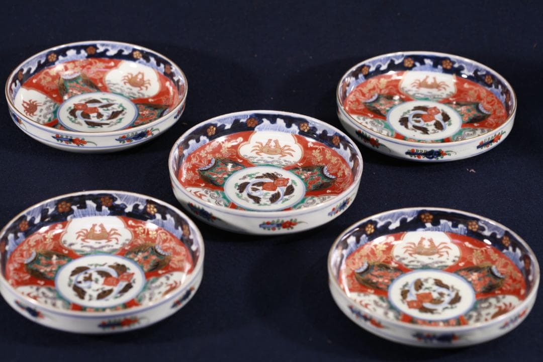 954　古伊万里色絵蟹図中皿5枚　無傷　幕末明治　（旬、希少性）