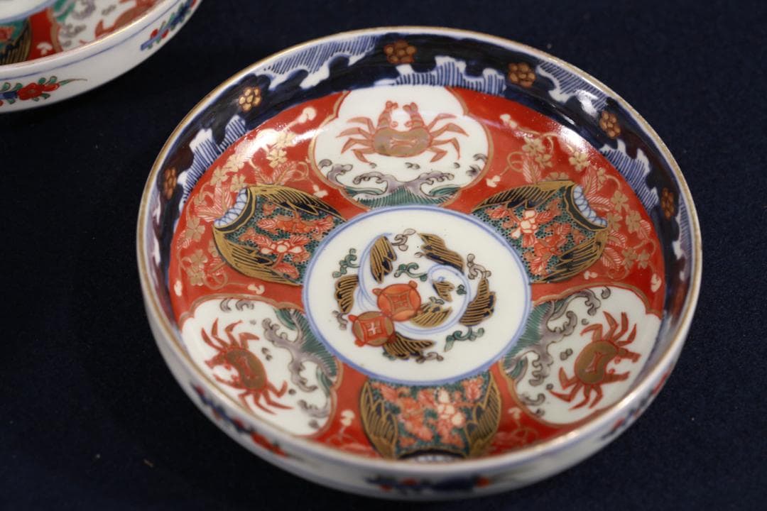 954　古伊万里色絵蟹図中皿5枚　無傷　幕末明治　（旬、希少性）
