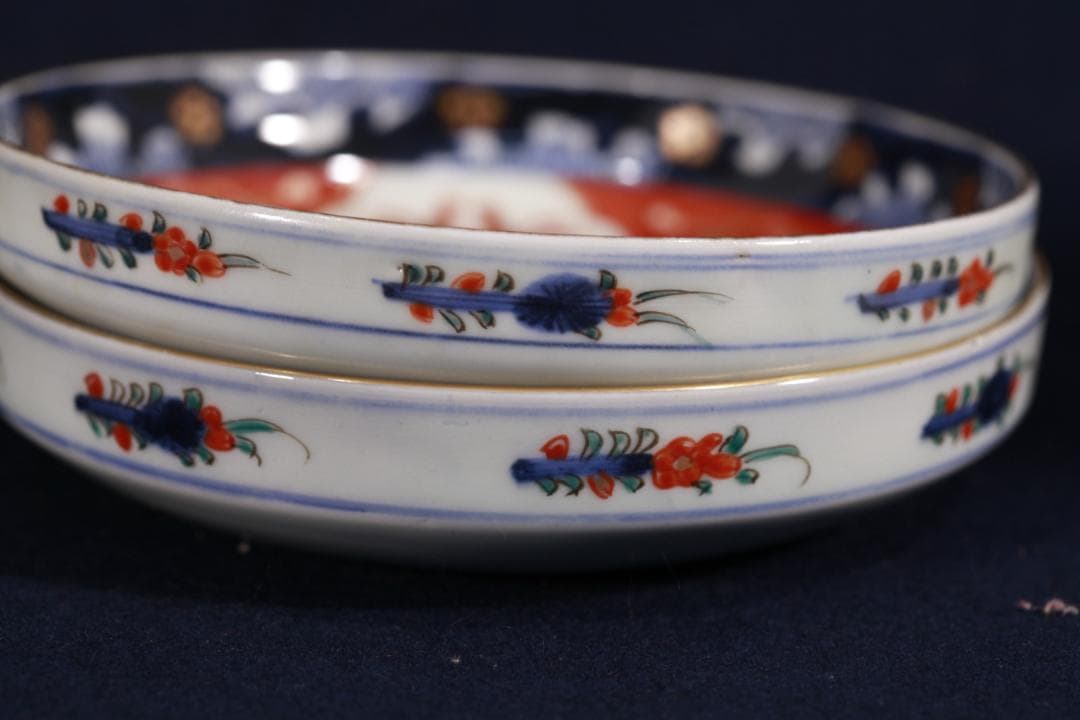 954　古伊万里色絵蟹図中皿5枚　無傷　幕末明治　（旬、希少性）