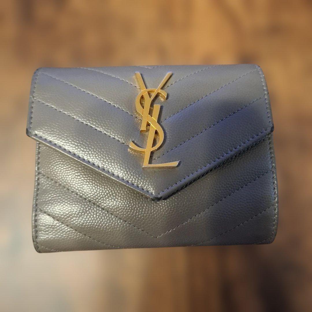 YSL グレー レザー 三つ折り財布