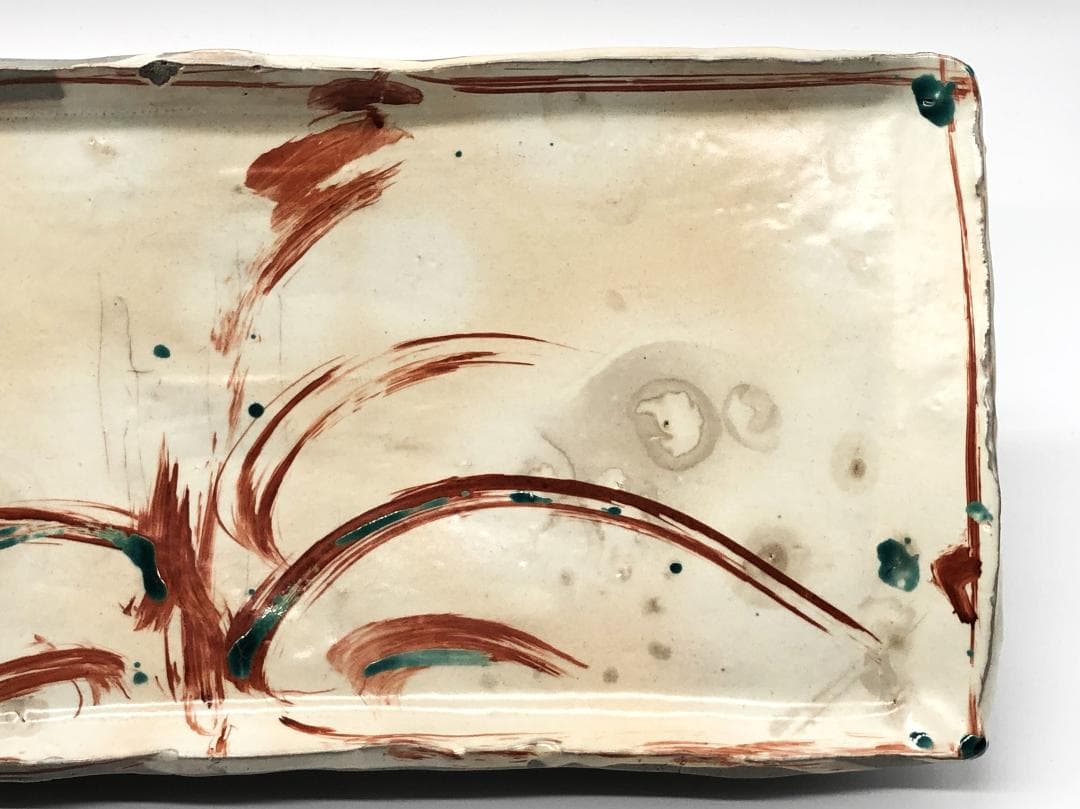 【 古陶磁赤絵 高台角皿 】　厚胎大皿　呉須赤絵/古清水　蔵出骨董