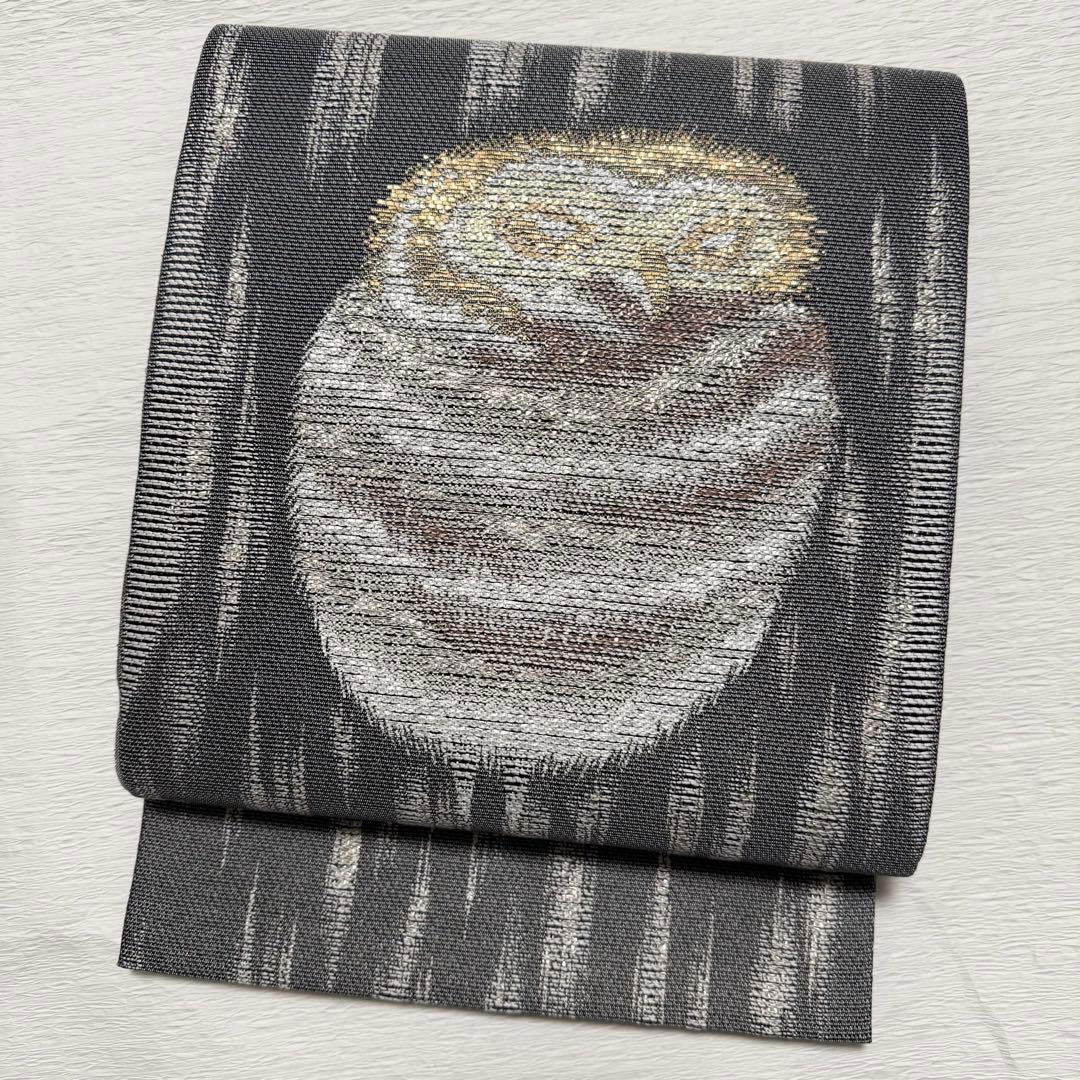 m-18 フクロウの図 月と星 刺繍 袋帯 正絹 極美品