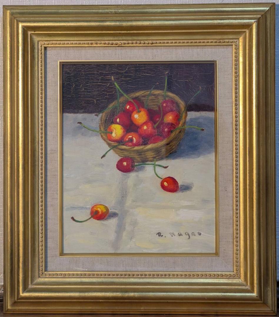 【真作】絵画　長生玲子　油彩3号　桜ん坊　さくらんぼの籠とテーブル　Y111