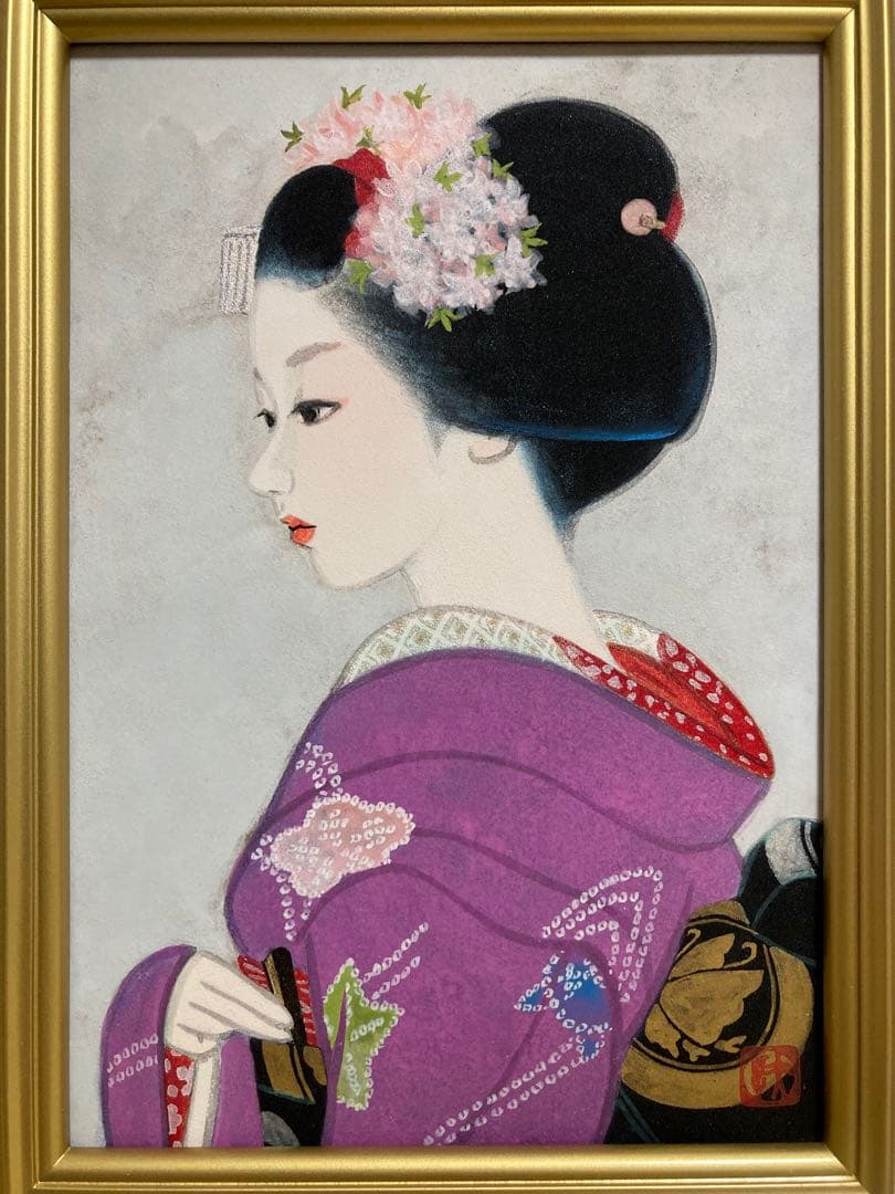 【真作保証】倉田冨美「舞妓」日本画SM号 直筆サイン 落款 共シール有り 美人画