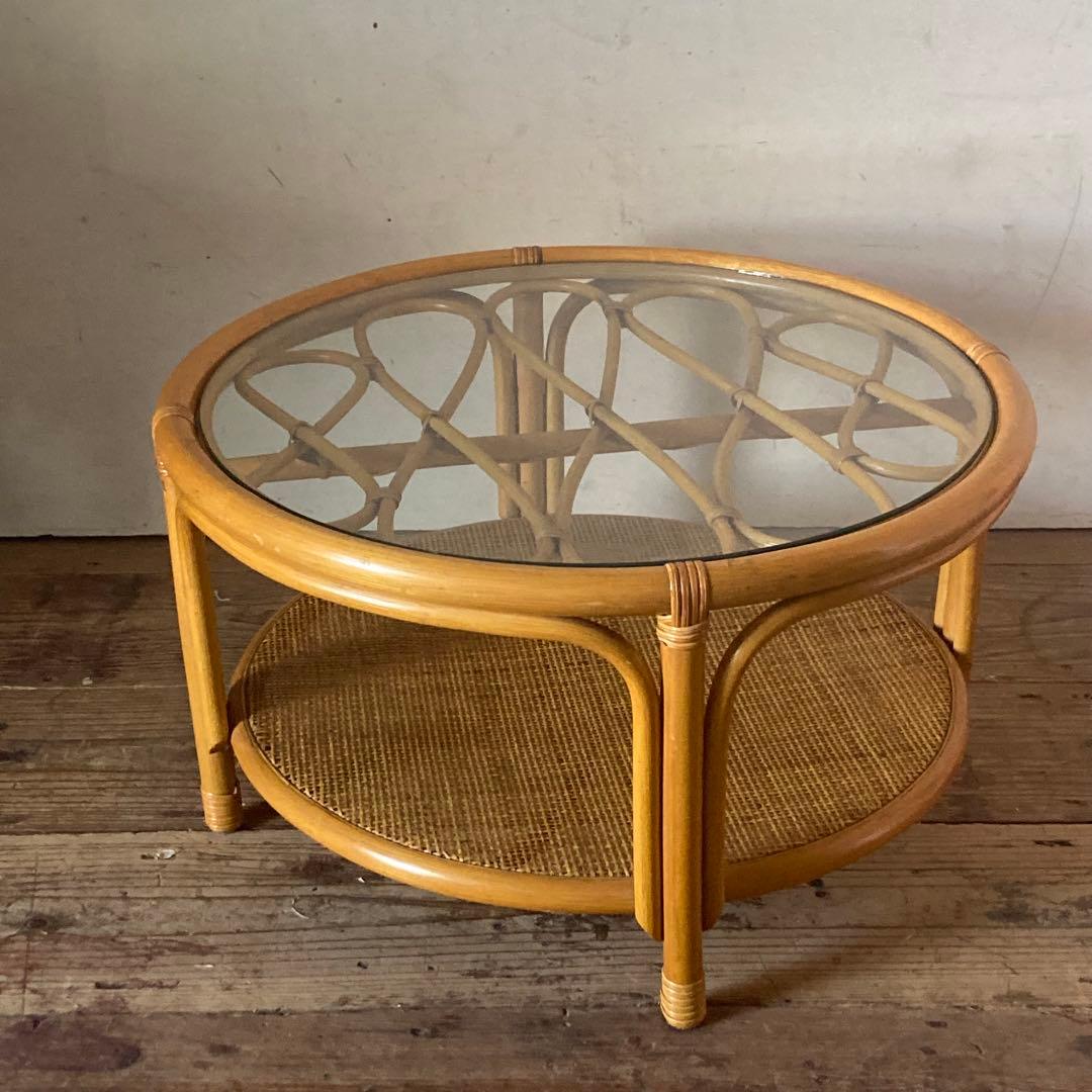 ヴィンテージラタン ガラス サイド テーブル ローテーブル