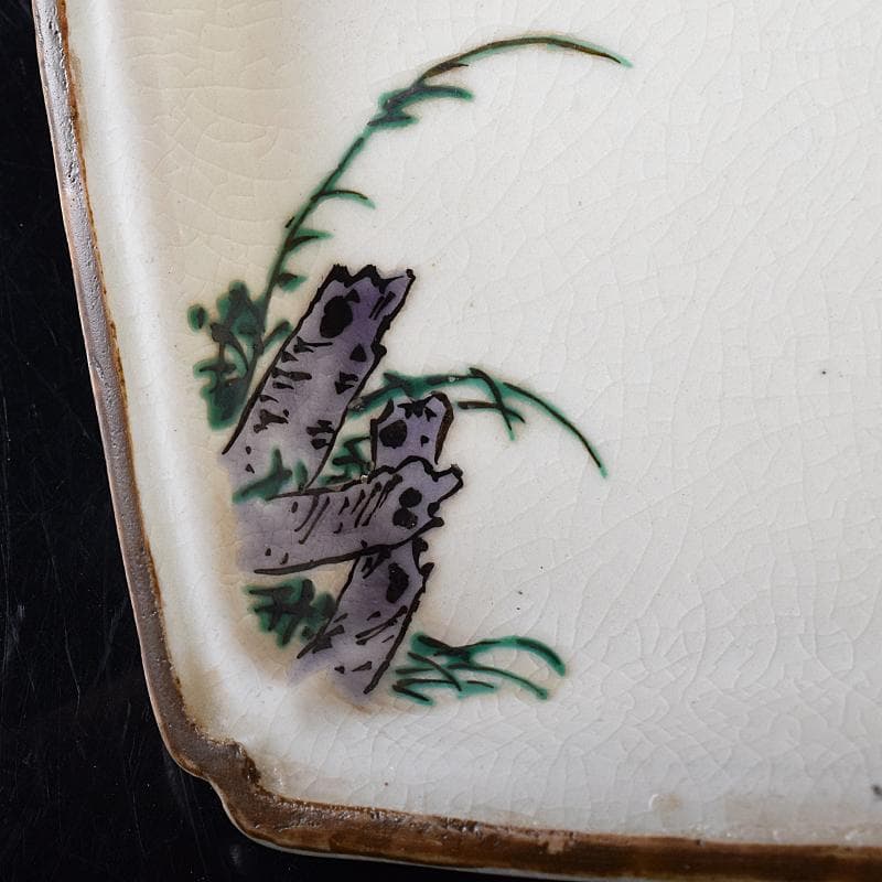 九谷焼　色絵　鳥草文　菱形中皿　五客　時代箱付　M　R8296