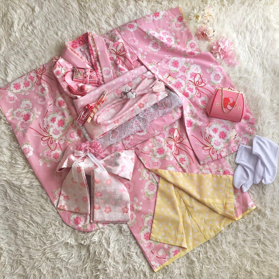七五三　7歳　ポンポネット日本製生地着物　他13点セット　ピンク好き女の子