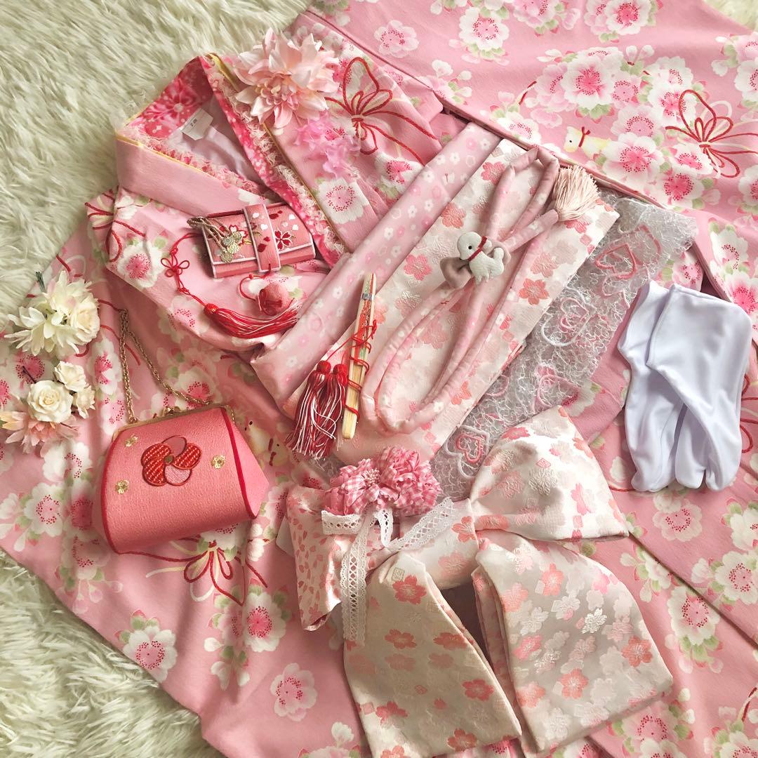 七五三　7歳　ポンポネット日本製生地着物　他13点セット　ピンク好き女の子