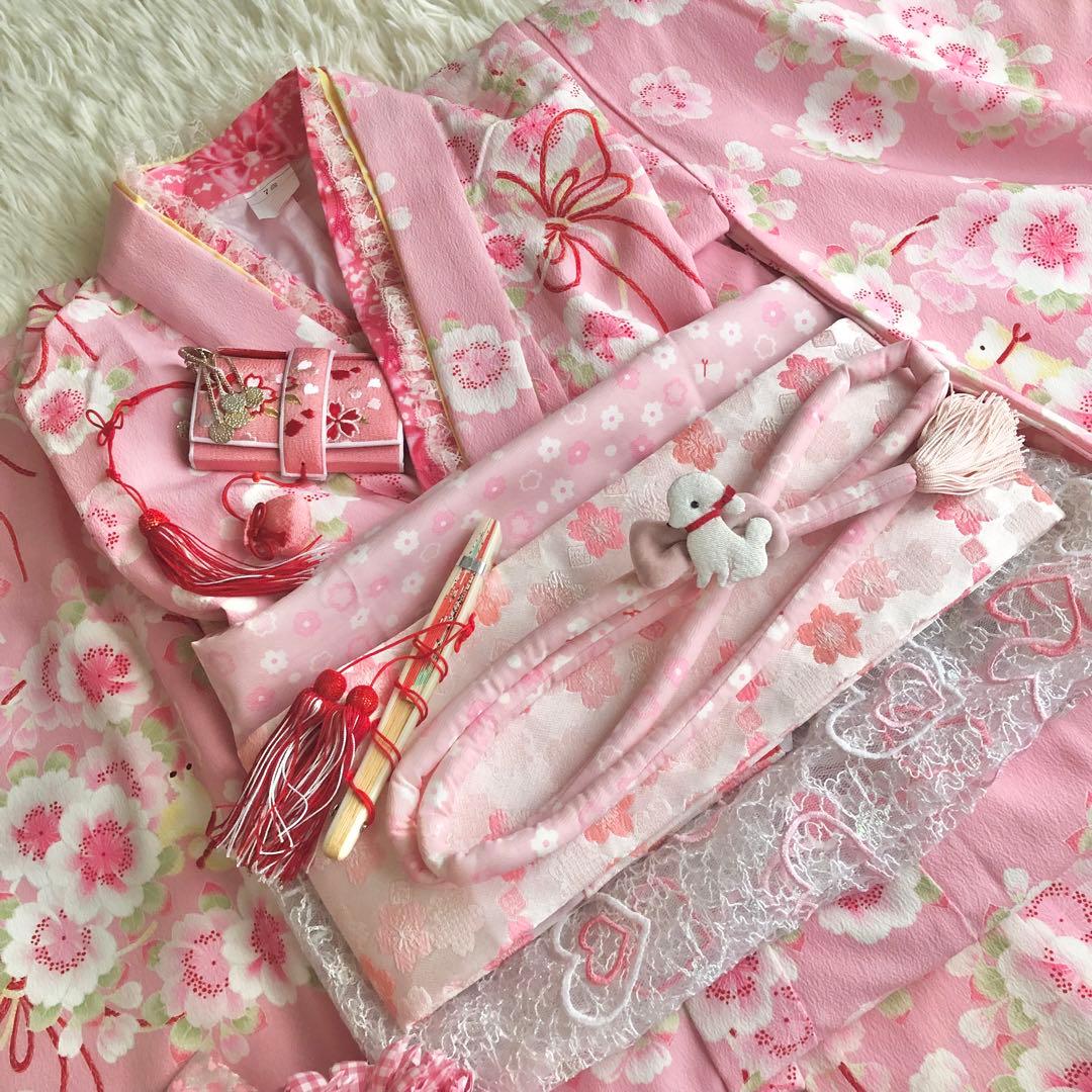 七五三　7歳　ポンポネット日本製生地着物　他13点セット　ピンク好き女の子
