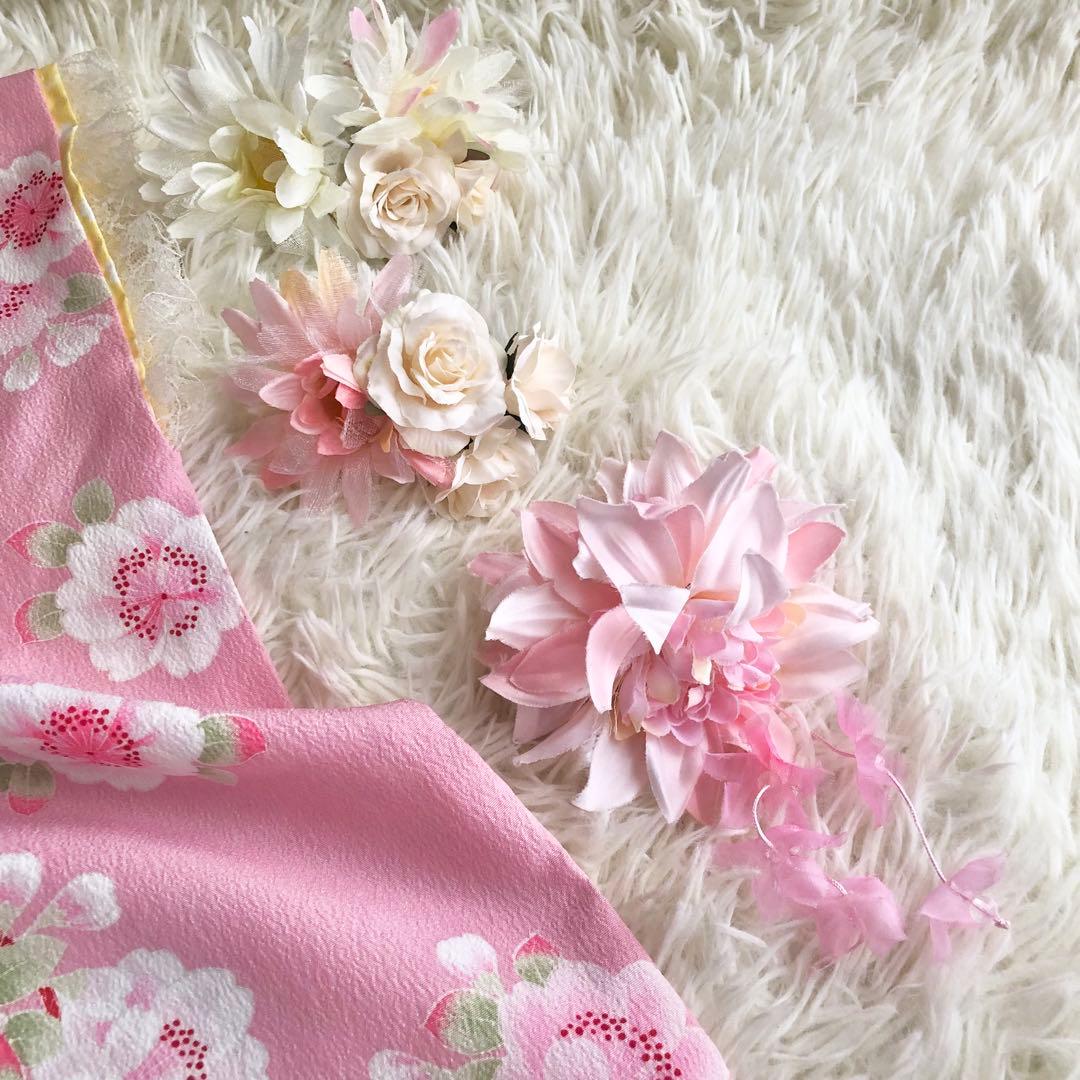 七五三　7歳　ポンポネット日本製生地着物　他13点セット　ピンク好き女の子