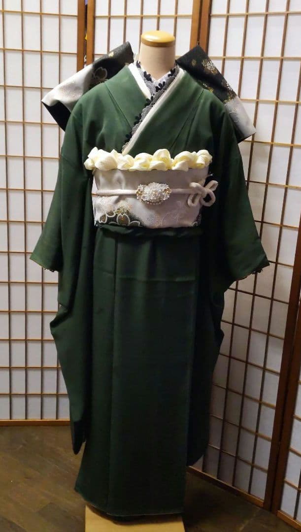 454【最終価格】無地モスグリーン【山本寛斎正絹振袖8点フルセット】成人式卒業式