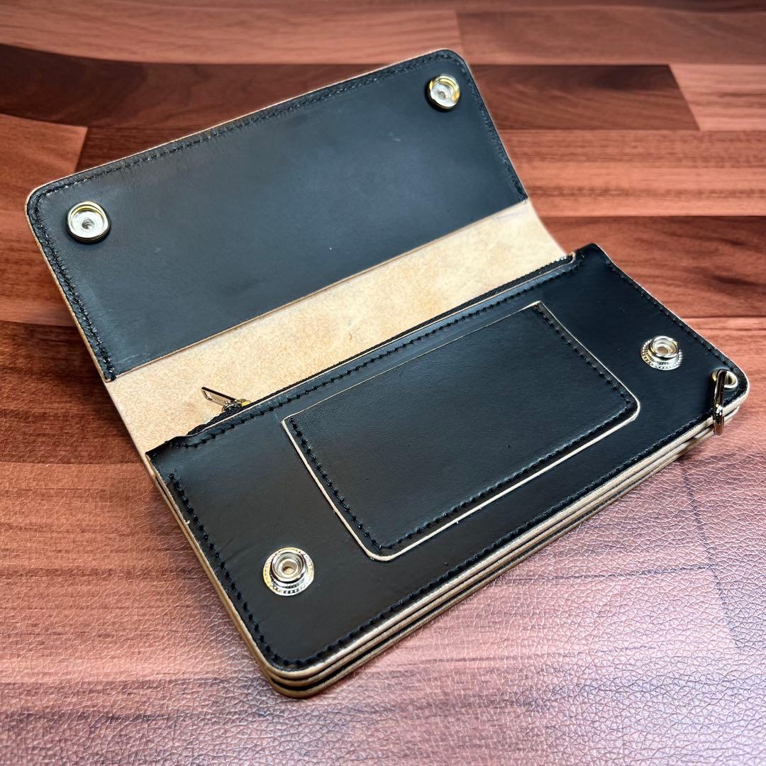 【トラッカーウォレット ロング 3層】 ブラック 姫路レザー シルバー YKK