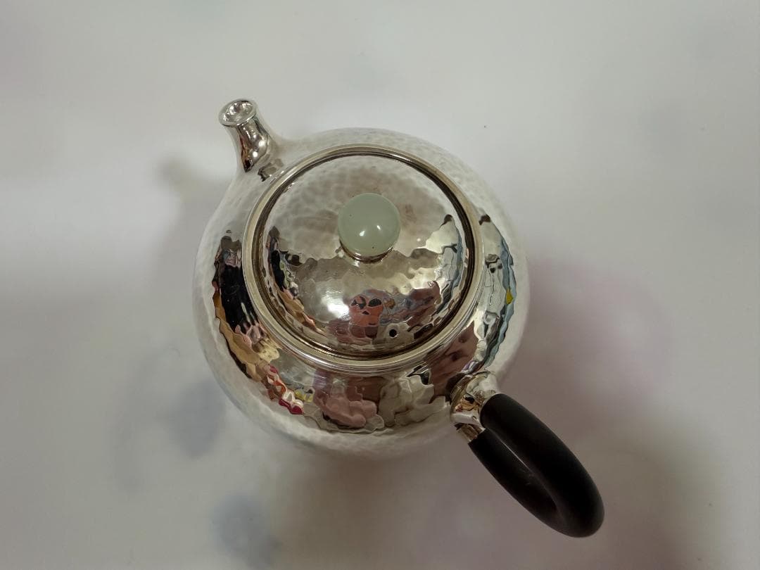 純銀製 丸形 鎚目 玉石摘 急須 銀瓶 煎茶道具