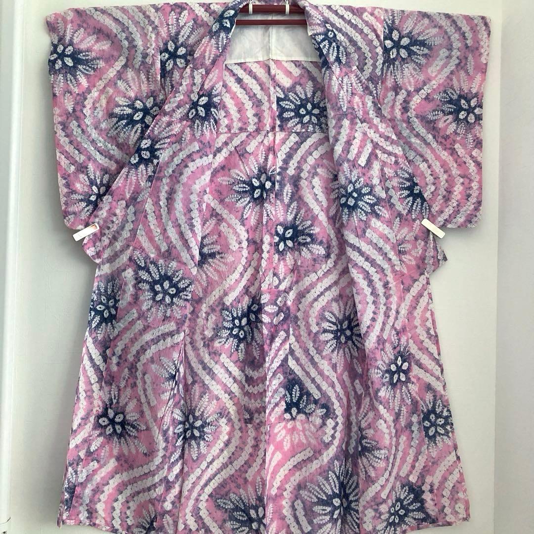 有松絞り浴衣　絞り浴衣　蜘蛛絞り　淡いピンク花模様　手縫　絞り浴衣　No.2-4