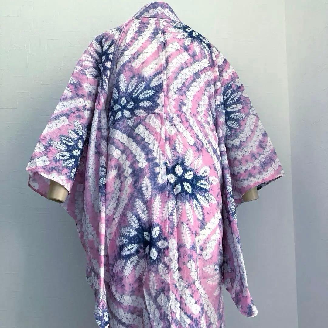 有松絞り浴衣　絞り浴衣　蜘蛛絞り　淡いピンク花模様　手縫　絞り浴衣　No.2-4