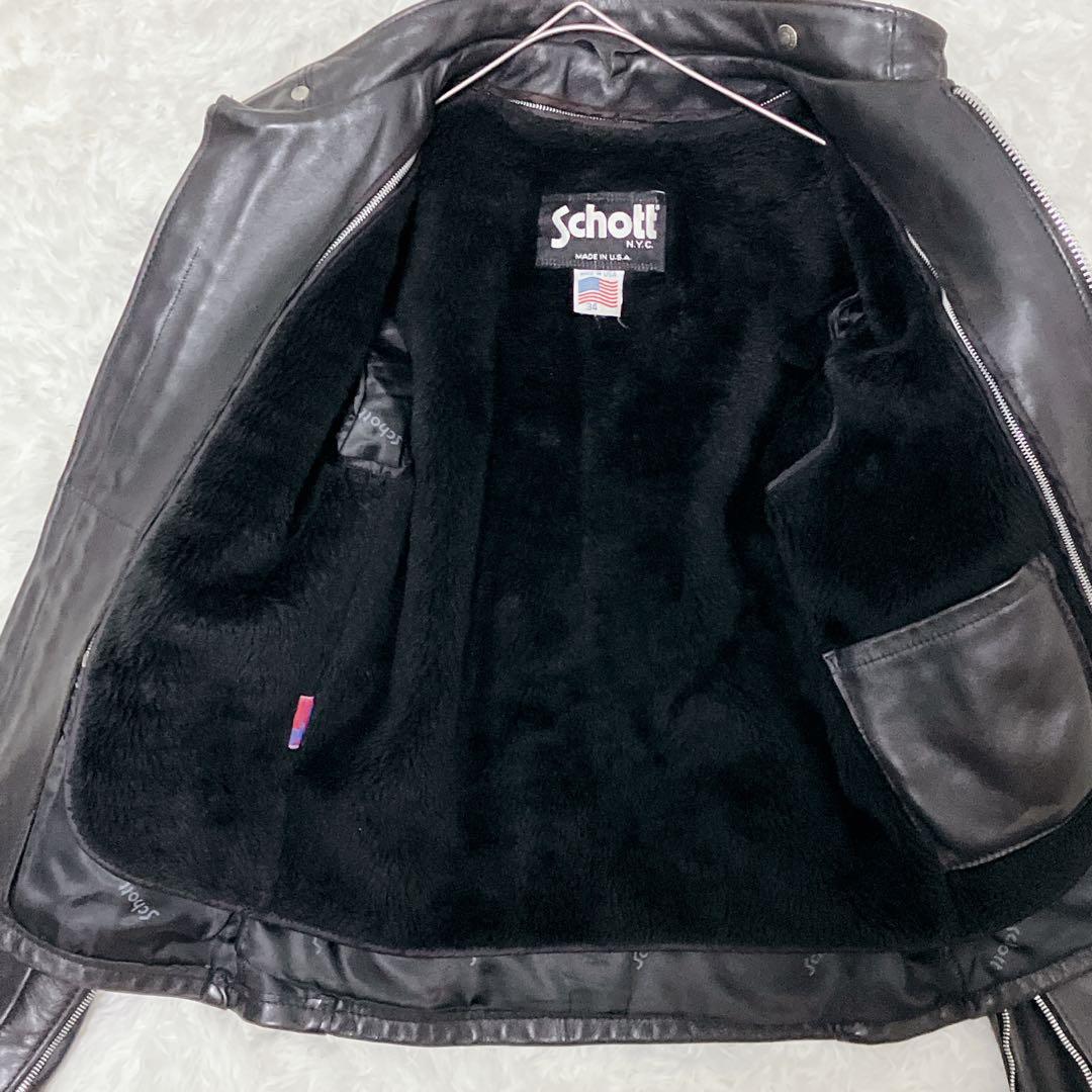 【米国製】schott ライダースジャケット シングル 2way 黒 本革 ボア