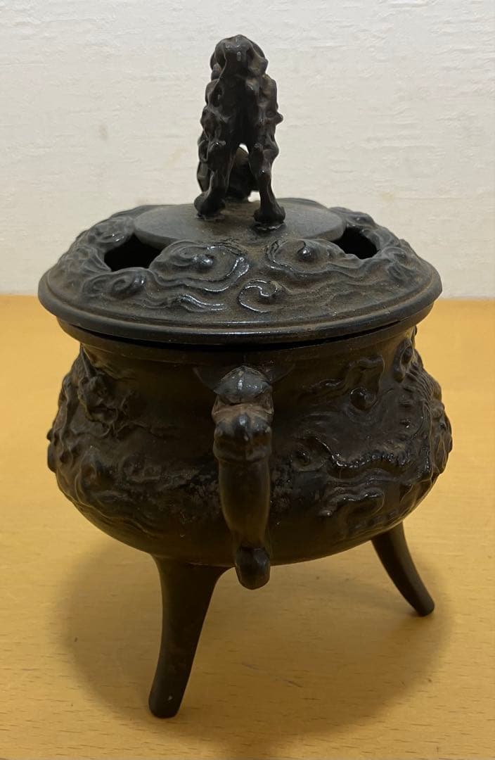 【香炉】三脚獅子摘龍紋獣　耳香炉　香爐　香道具　 古道具