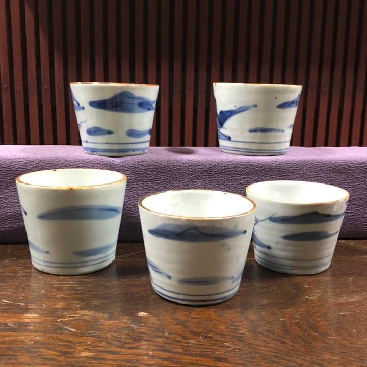 伊万里染付　楼閣山水図蕎麦猪口5客　骨董　古伊万里　R0280ダF