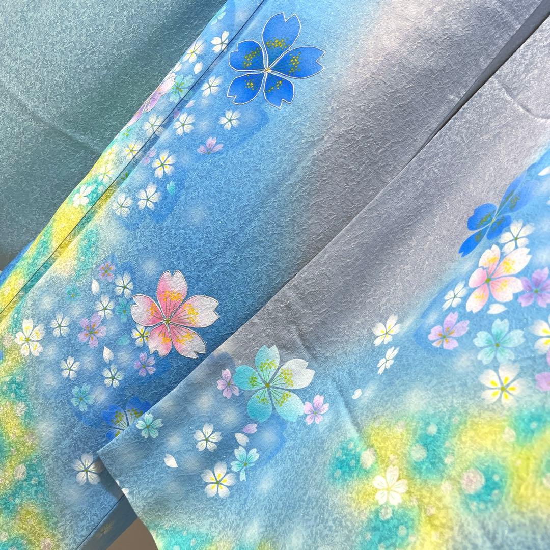 368 振袖フルセット 正絹 水色 ブルーグレー銀彩 駒刺繍 暈し染め お上品