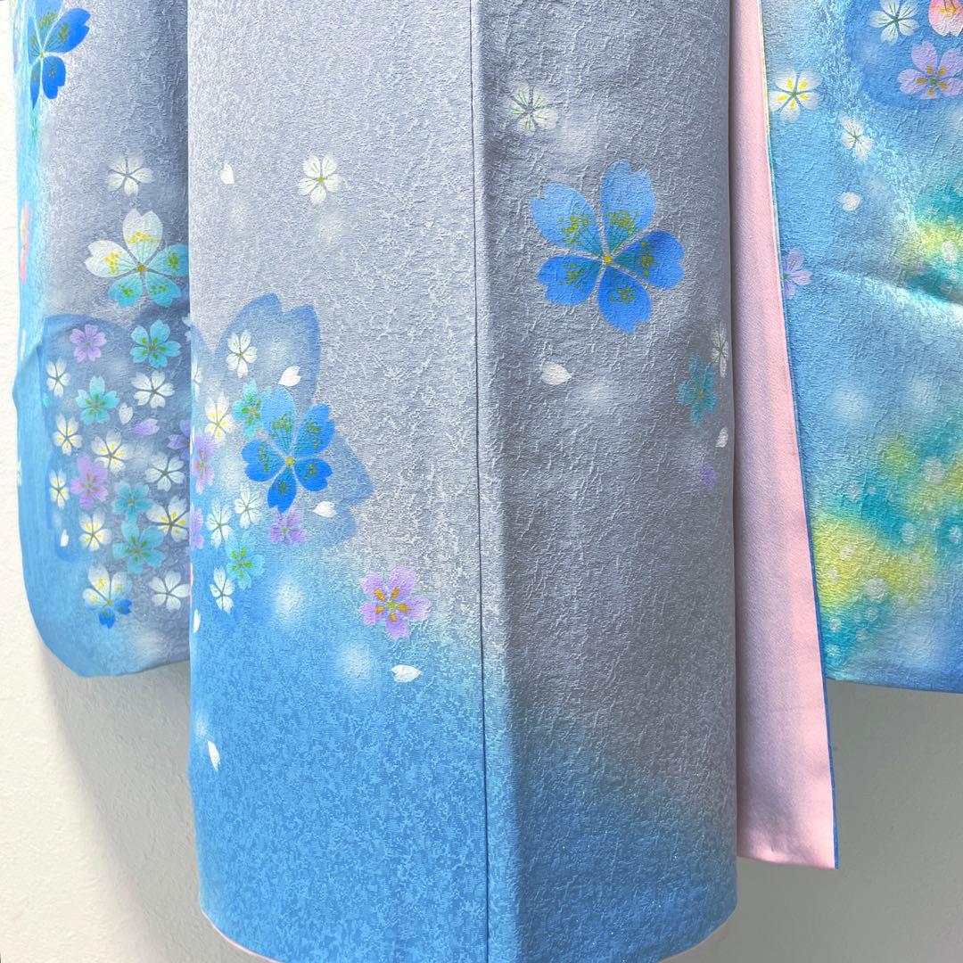 368 振袖フルセット 正絹 水色 ブルーグレー銀彩 駒刺繍 暈し染め お上品