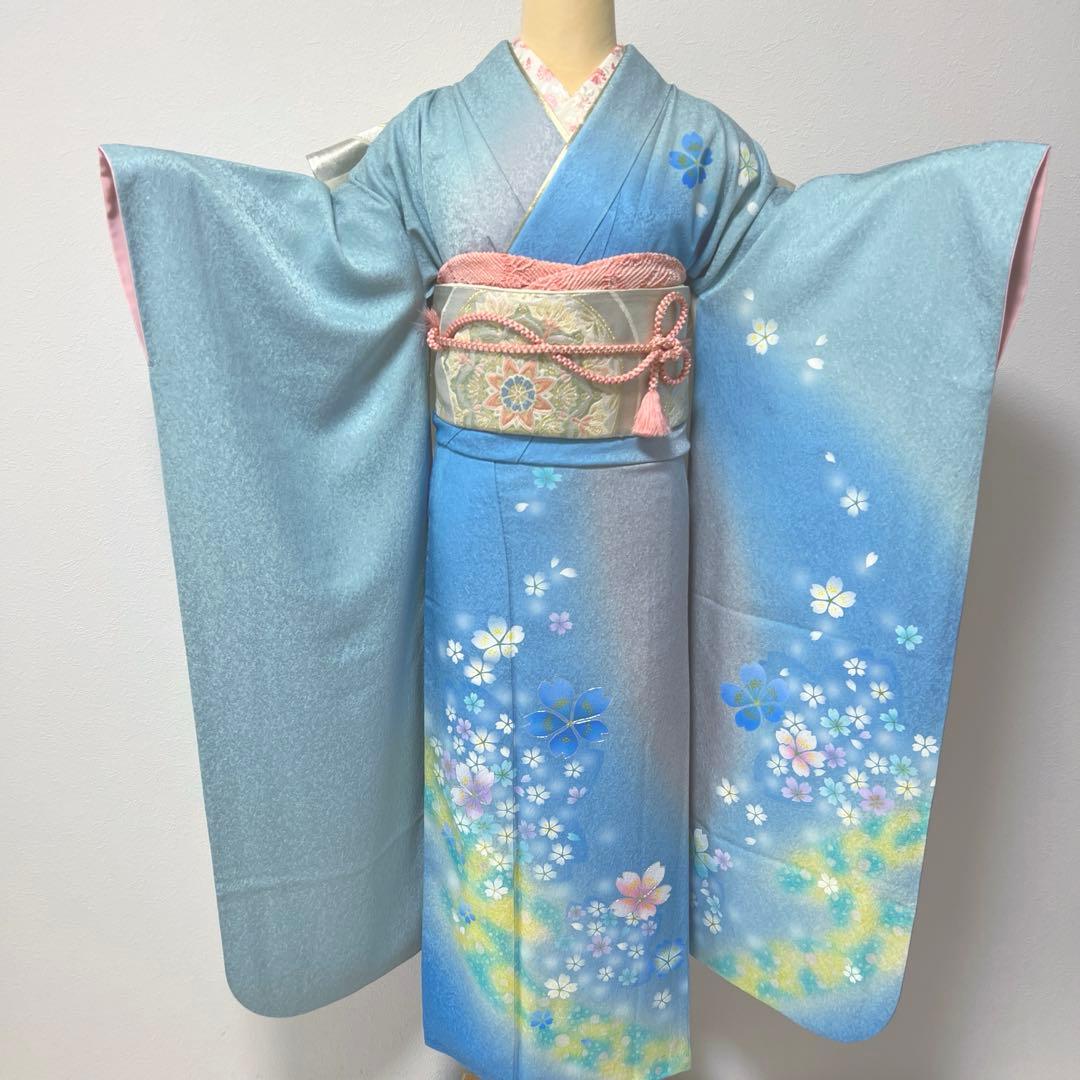 368 振袖フルセット 正絹 水色 ブルーグレー銀彩 駒刺繍 暈し染め お上品