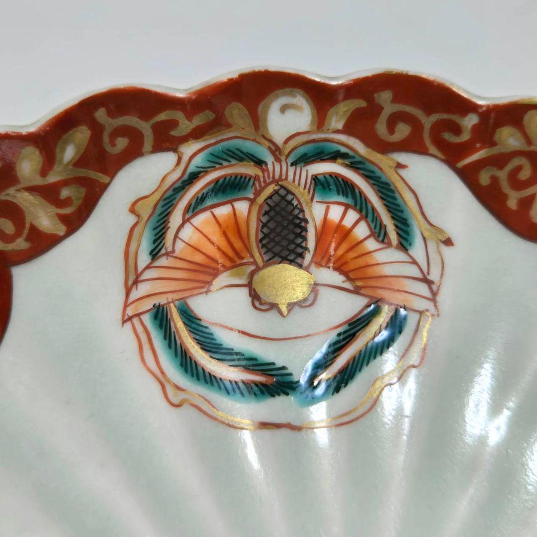 M-1259 古伊万里色絵　波兎とふくら雀紋様青磁　菊花皿