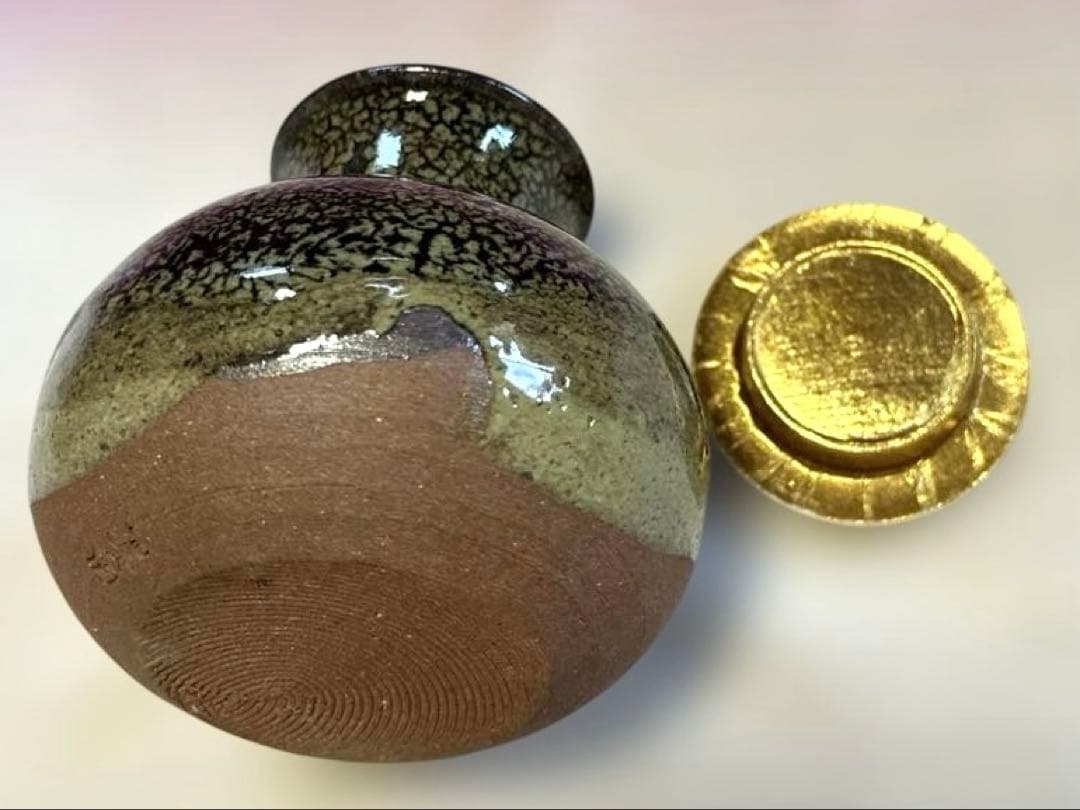 ✨レア✨茶道具✨『墨田窯　金太漢作』　茶入、織部 仕覆袋、共箱