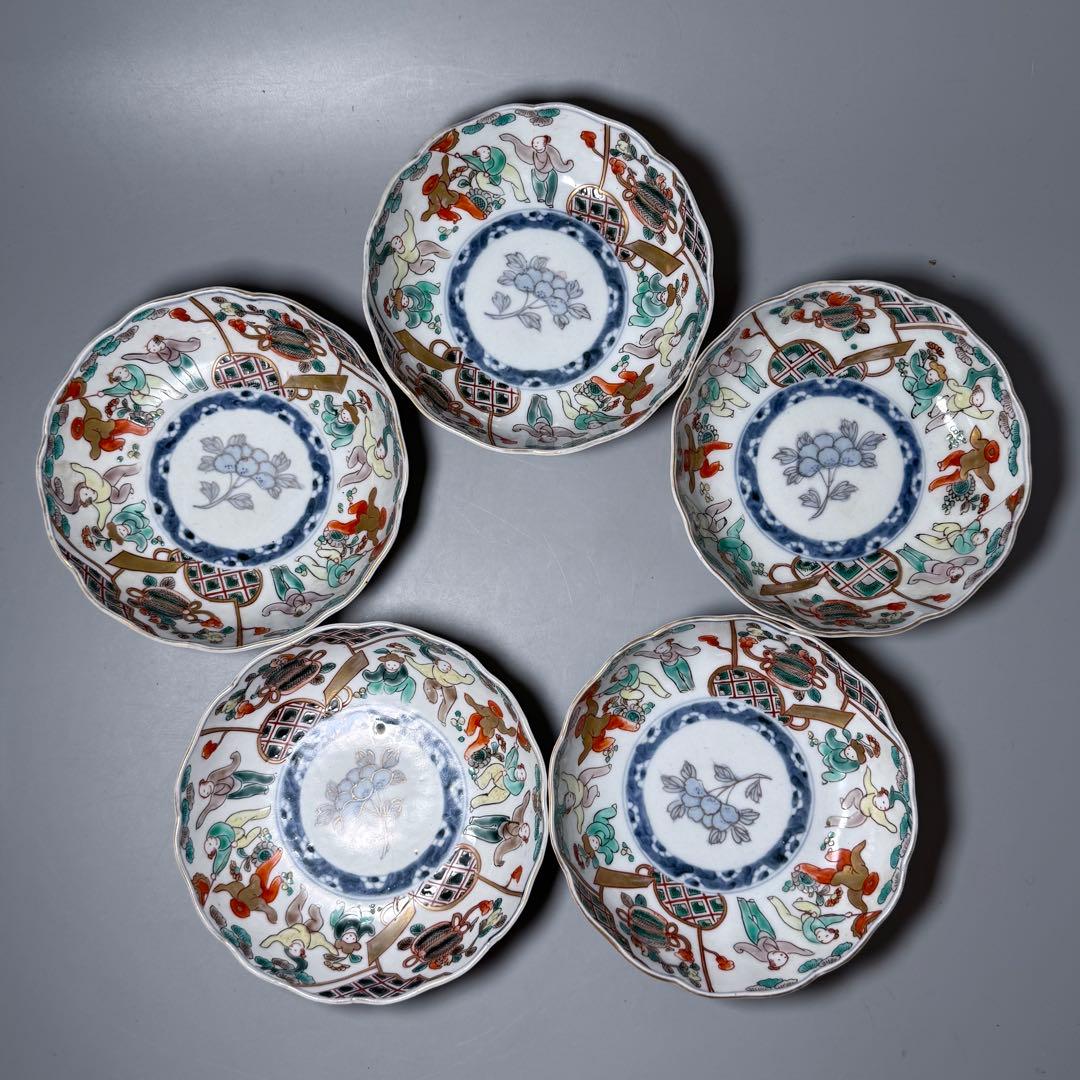 古伊万里　色絵輪花形なます皿　5客　珍しい絵付け　蛇目高台