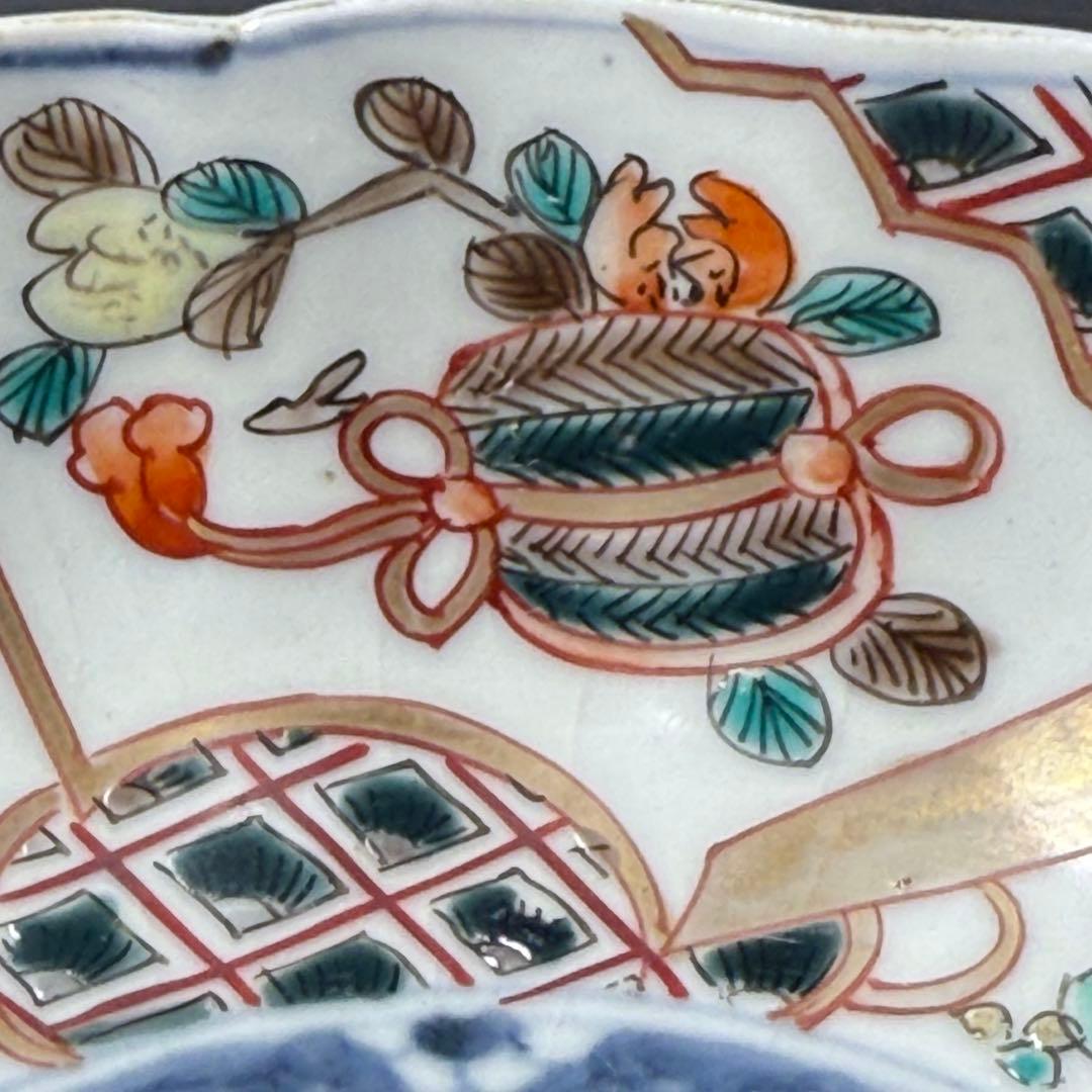 古伊万里　色絵輪花形なます皿　5客　珍しい絵付け　蛇目高台