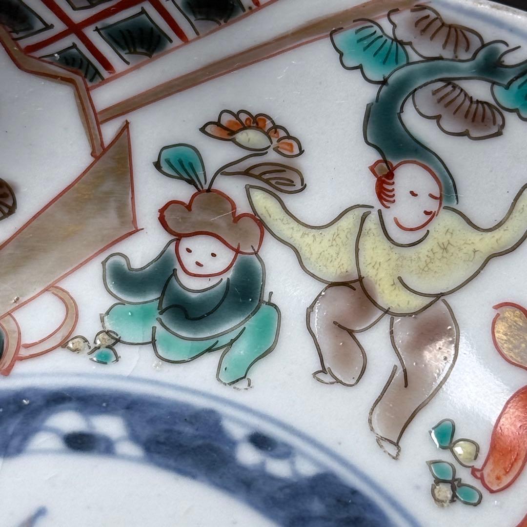 古伊万里　色絵輪花形なます皿　5客　珍しい絵付け　蛇目高台