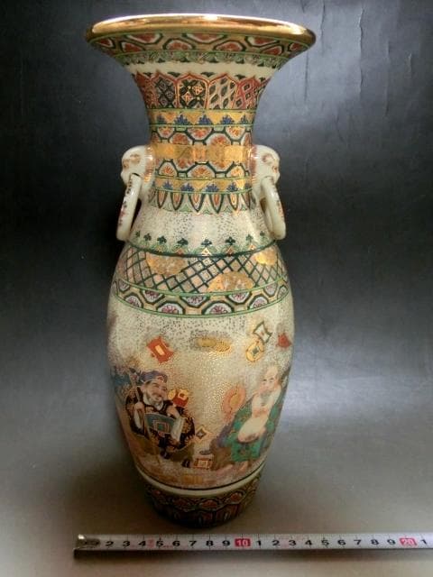 花瓶■古薩摩金彩七福神図耳付瓶(江戸後期)花器 壺 古美術 時代物 骨董品■