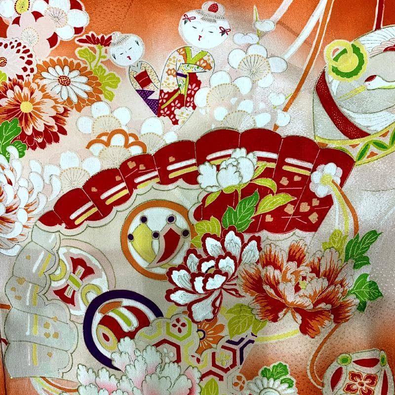 510ag64□七五三 三歳 アンティーク 女児 着物のみ 五つ紋 こけし 花□