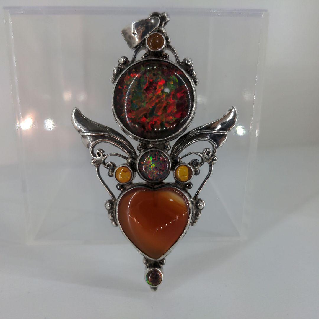 シャンカリ シルバー925 カーネリアンハート型ファイアーオパールペンダント琥珀