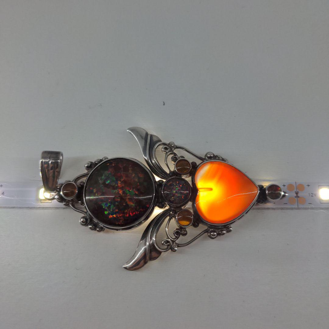 シャンカリ シルバー925 カーネリアンハート型ファイアーオパールペンダント琥珀