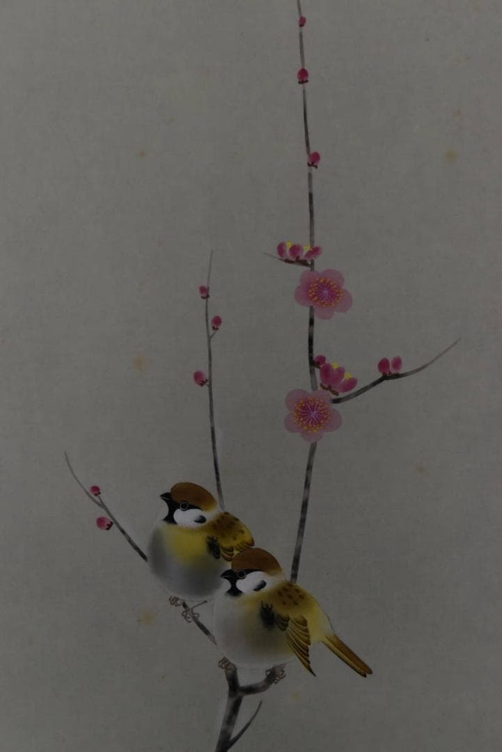 【真作】稲葉桑文/紅梅に雀図/雪梅小禽図/掛軸/名家伝来/AA-308