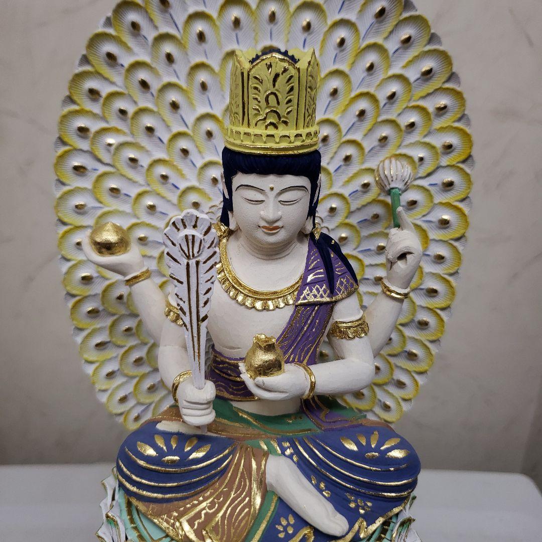 Ｂフライデー　最強魔除け仏像★柘植 孔雀明王像3寸 極彩色 錐金眼入★病魔退散