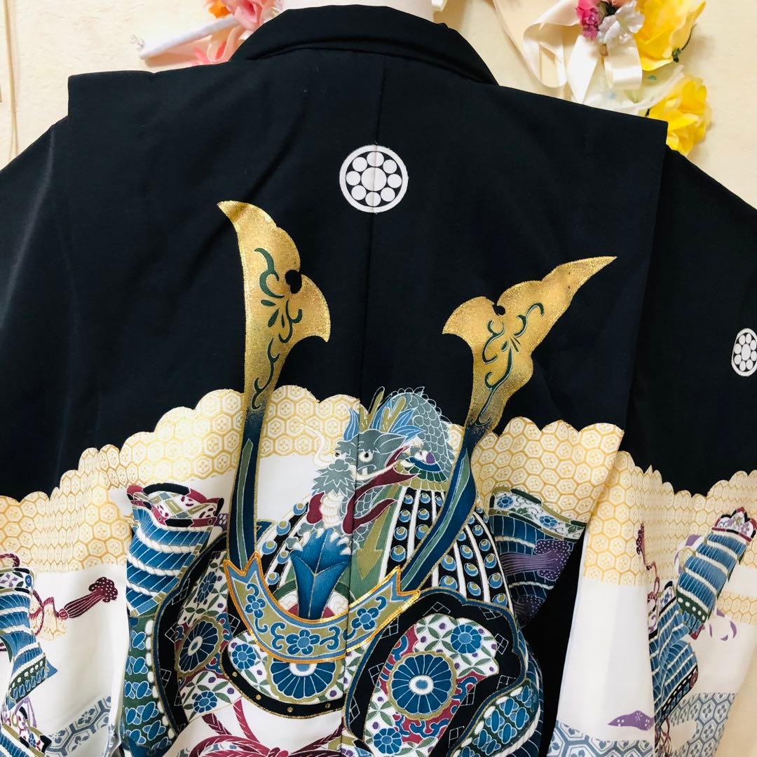 七五三５歳完全フルセット‼️豪華黒地系兜金彩煌びやか⭐︎袴縞スタイルアップ人気銘品