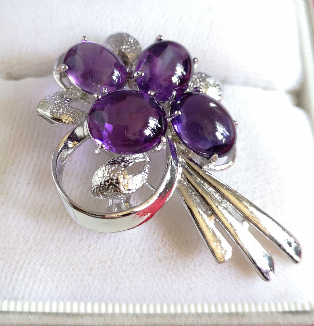 ブローチ シルバー製 天然石 アメジスト カボッション 裏面カッティング 912