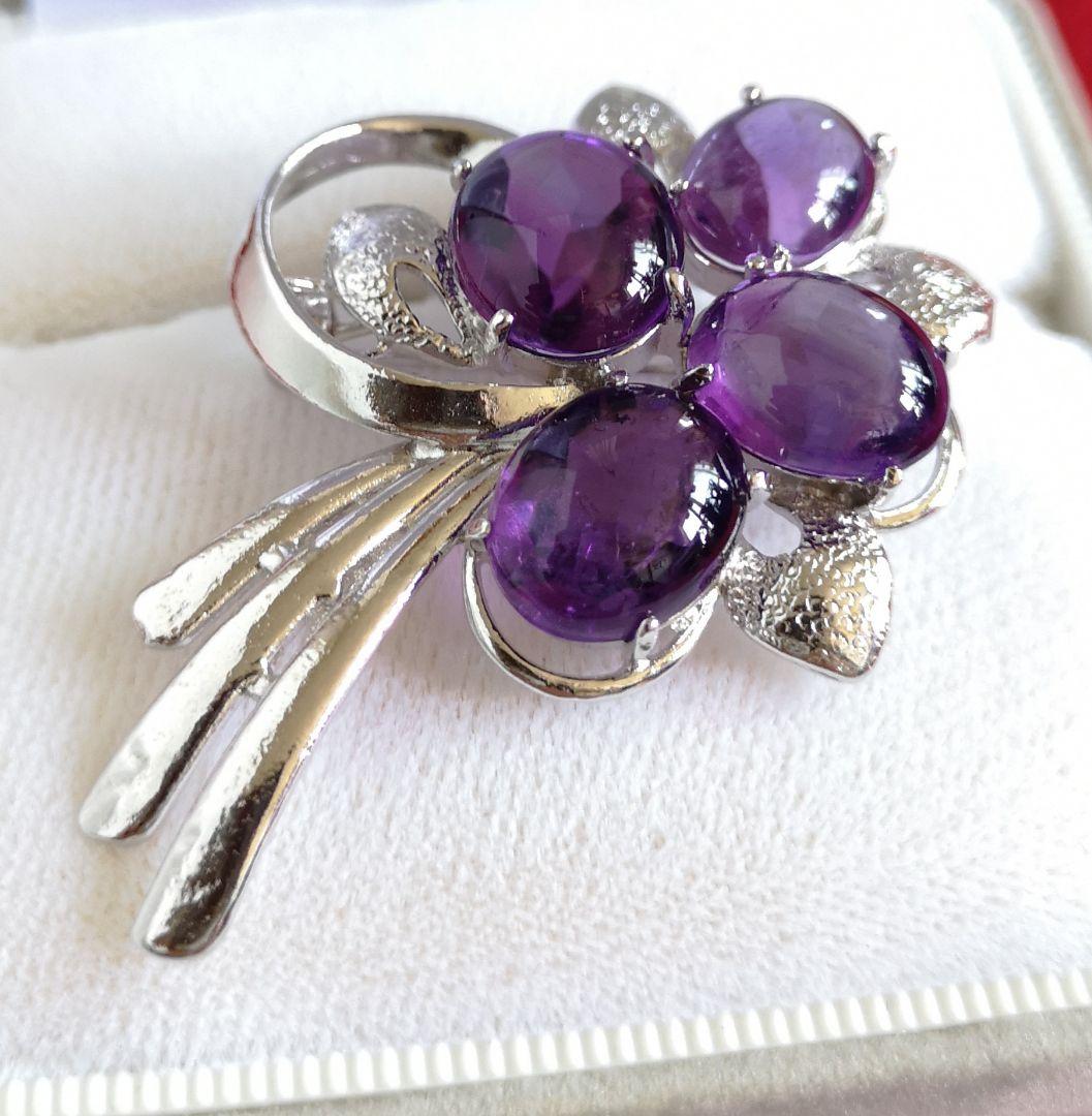 ブローチ シルバー製 天然石 アメジスト カボッション 裏面カッティング 912