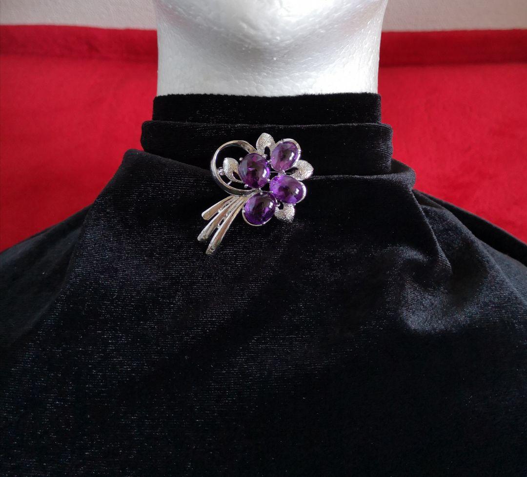 ブローチ シルバー製 天然石 アメジスト カボッション 裏面カッティング 912