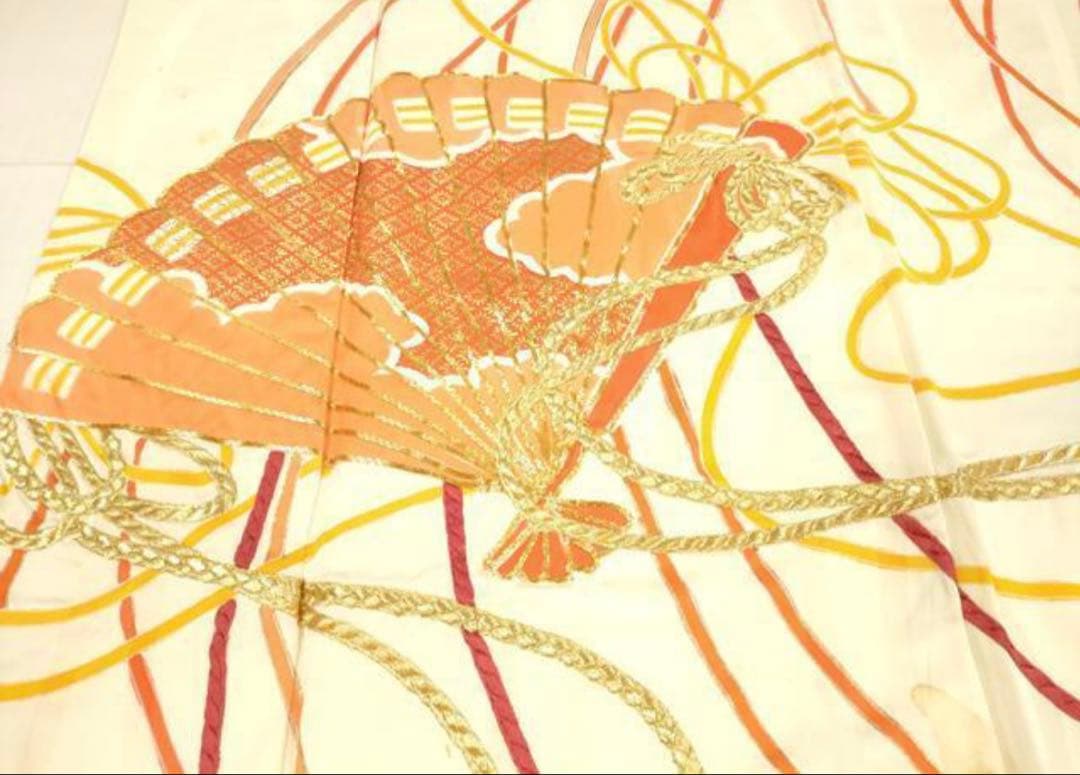 振袖フルセット6点サイズM〜Ｌ駒刺繍　束ね熨斗檜扇花文　金彩　正絹