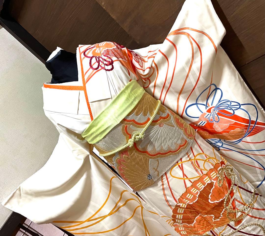 振袖フルセット6点サイズM〜Ｌ駒刺繍　束ね熨斗檜扇花文　金彩　正絹