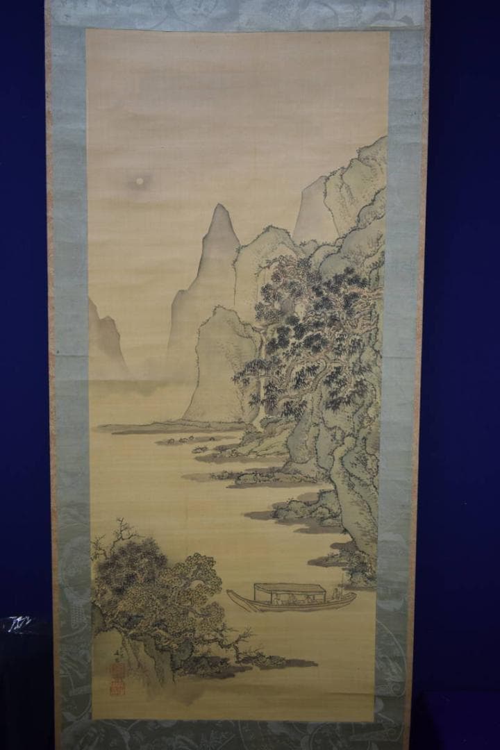 真作/谷文晁/山水屋形船図/絹表装/軸先紫檀/大幅/布袋屋掛軸HH-471