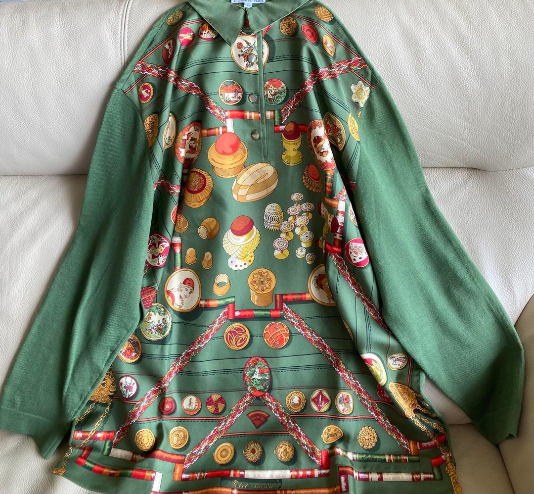 HERMES エルメス 総柄ニット切替ポロシャツ シルク/コットン/カシミヤ L