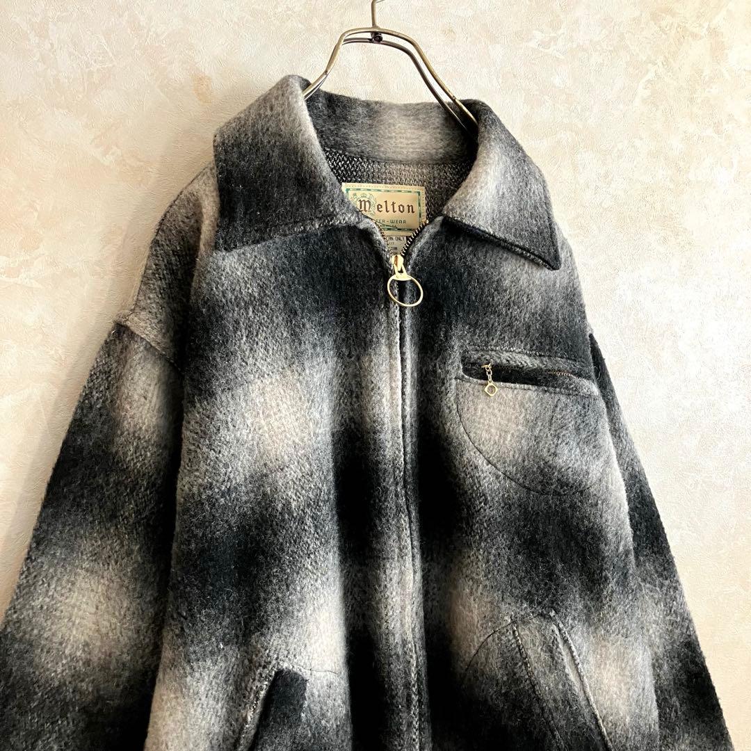 極美品 70's USA製 メルトン オンブレチェックJKT 黒 L