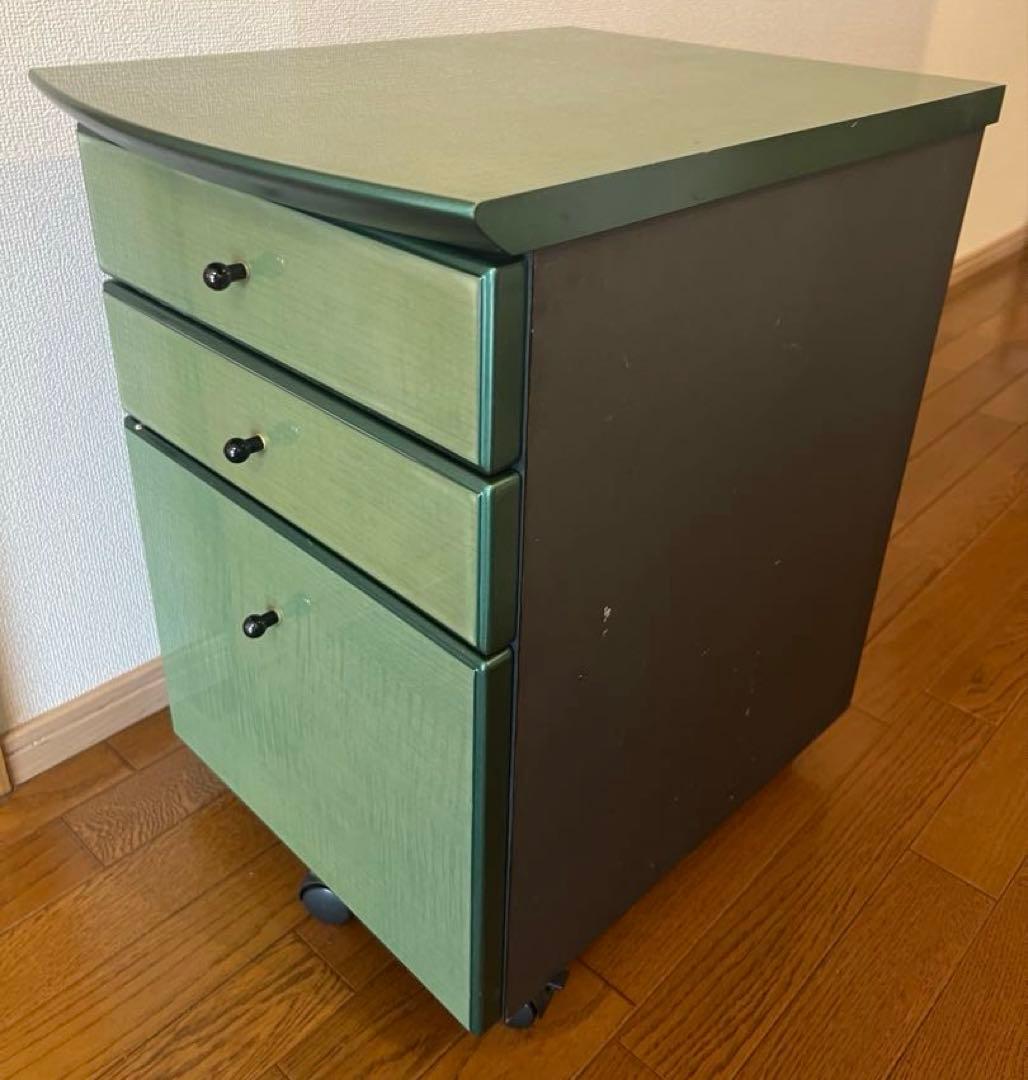 脇棚 オフィスワゴン 木製 鏡面仕上げ　3段引き出し キャスター付き