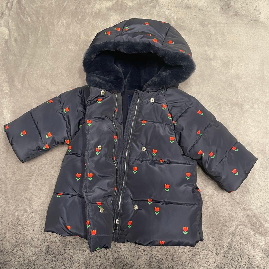 jacadi チューリップ柄　中綿入りジャケット　12m ネイビー　ファー　撥水