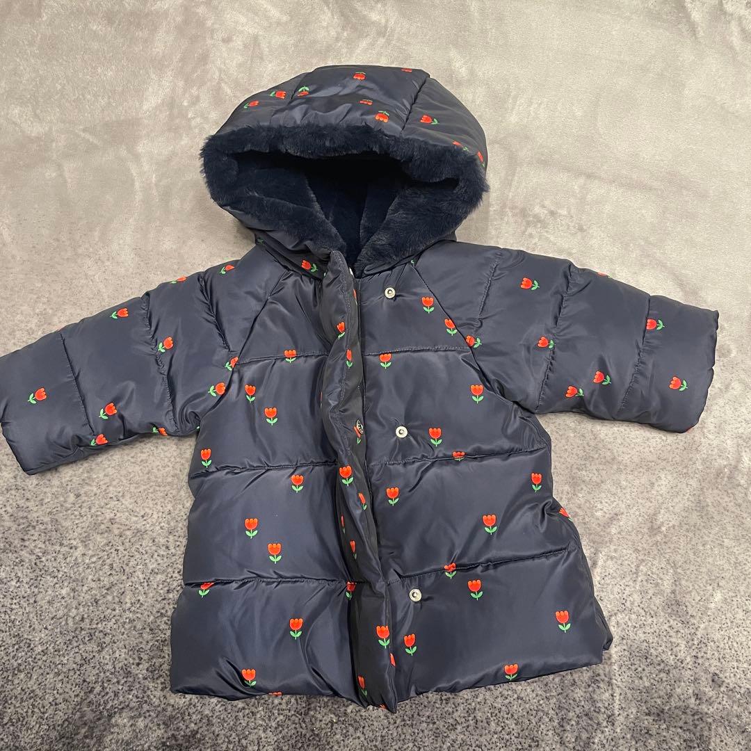 jacadi チューリップ柄　中綿入りジャケット　12m ネイビー　ファー　撥水