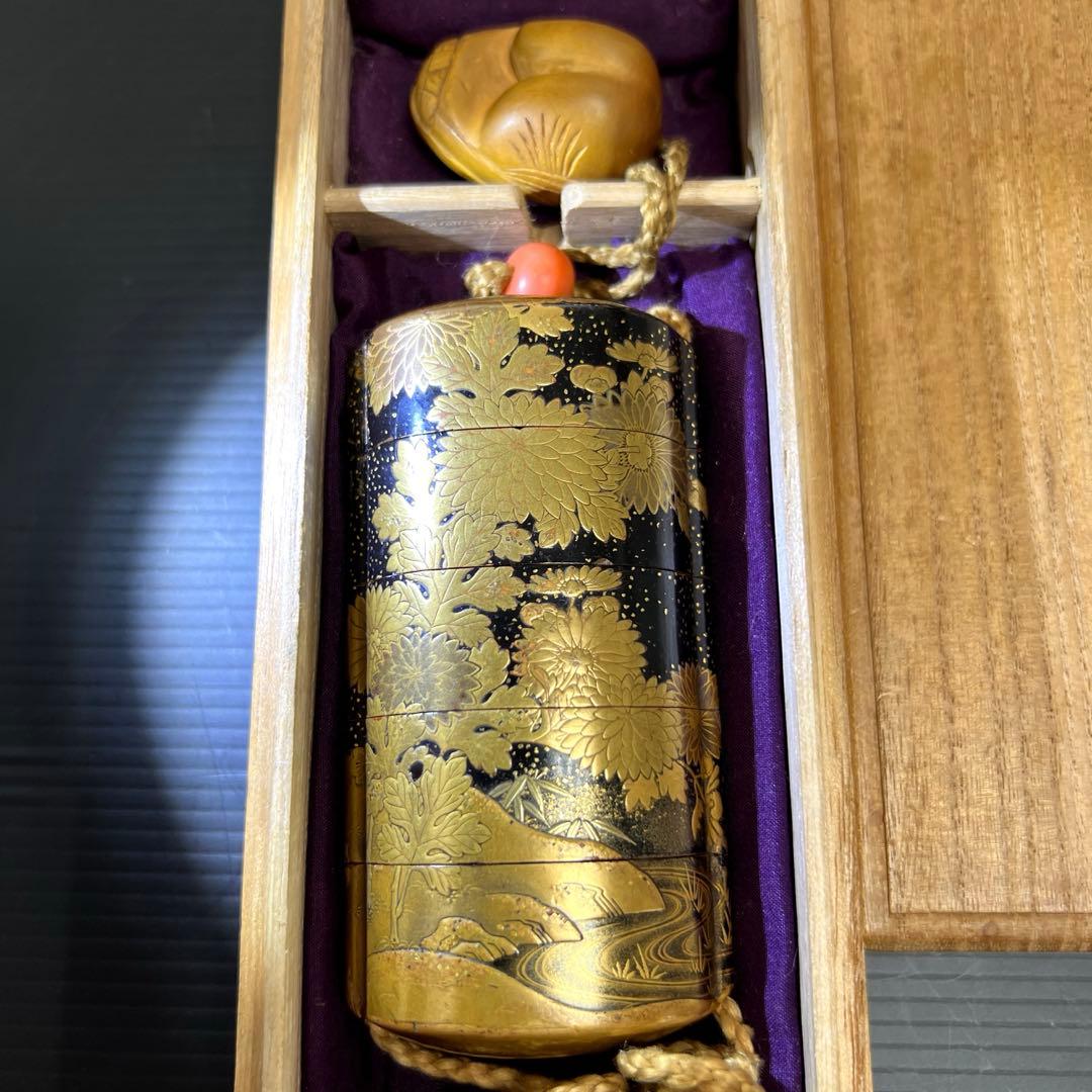 江戸時代　山田常嘉斉　極上蒔絵印籠　木箱付　76g 東Y7-1016☆2F