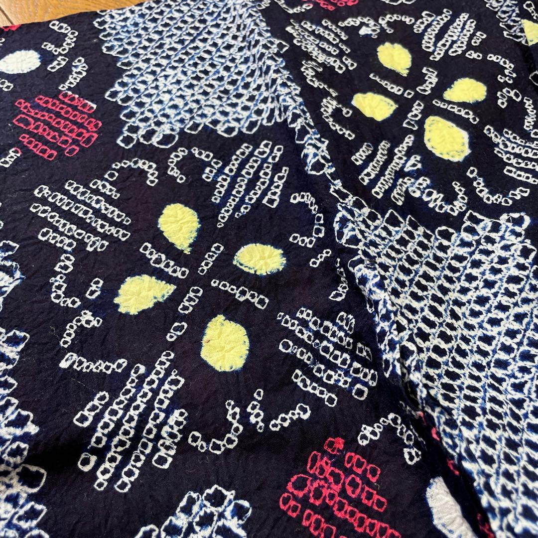 未使用　手縫い　総絞り　有松絞り　レトロ　夏着物　アンティーク　大人浴衣　紺色